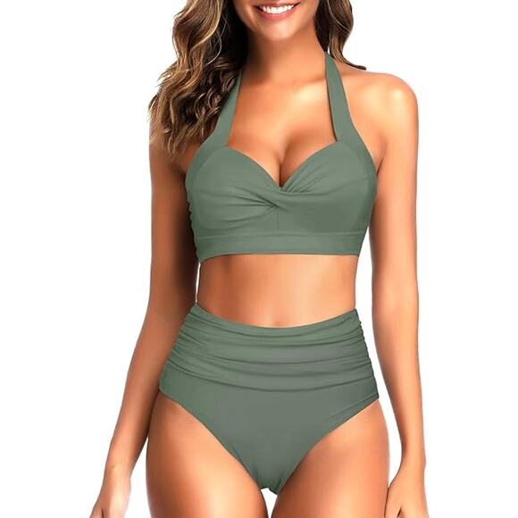 Tempt Me Two Piece Vintage Retro Halter Ruched High Waist Bikini Swimsuit Set - Picture 2 of 7